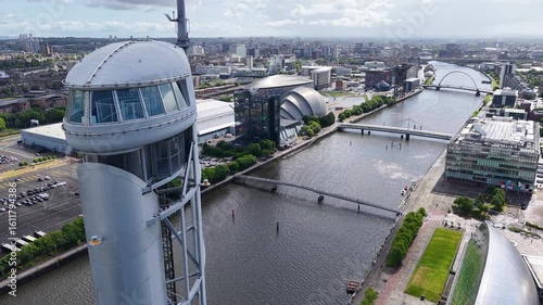 Aerial footage of Science Centre Tower in Glasgow, Scotland, UK