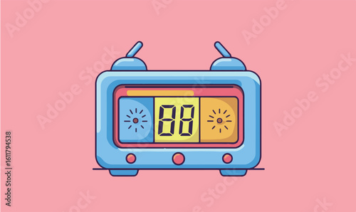 Whimsical cartoon alarm clock illustration with retro charm and vivid colors against a soft pink backdrop