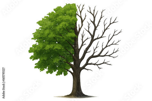 Tree with Half Green Leaves and Half Bare Branches on Transparent Background