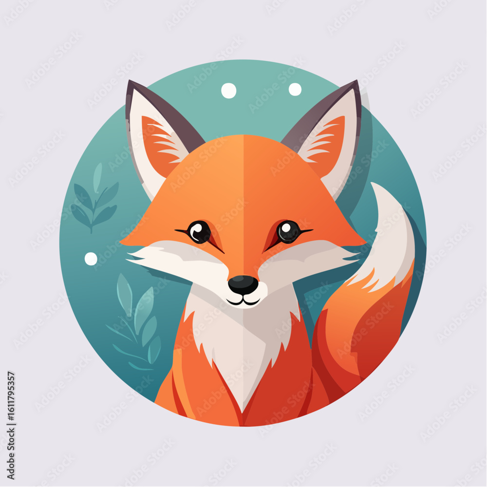 Obraz premium Charming Cartoon Fox Portrait on Teal Circle Background with Cute Features and Gentle Design