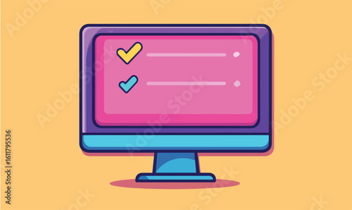 Modern desktop computer displaying completed tasks with checkmarks on vibrant pink screen checklist complete