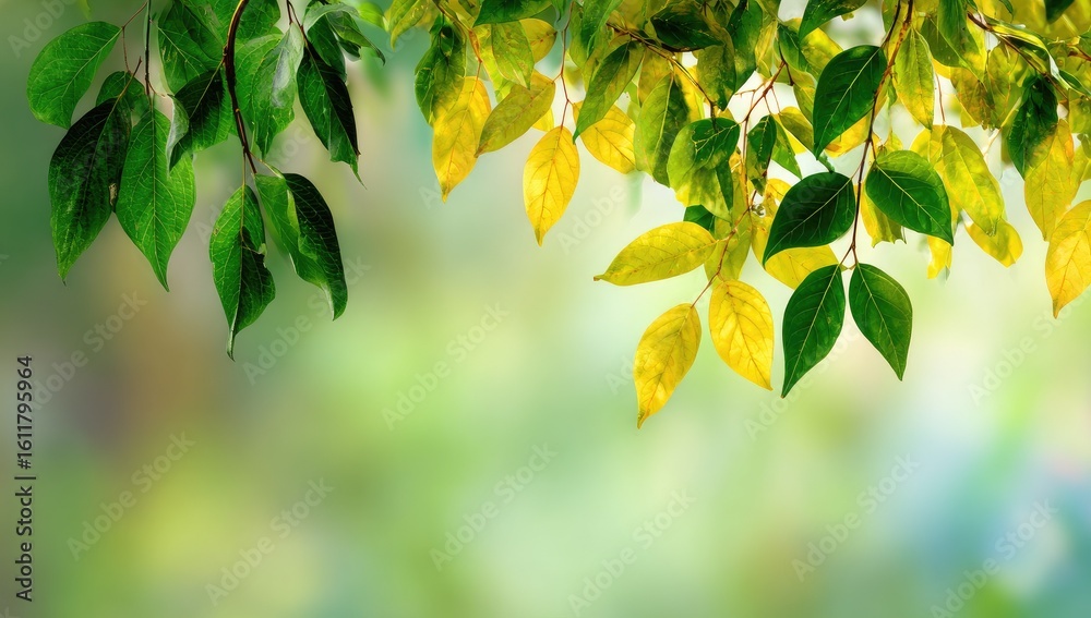 Obraz premium Green and yellow leaves on branches with blurred background