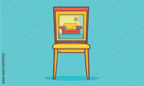 Whimsical cartoon chair reflecting cozy living room decor on bright blue background creates playful vibe