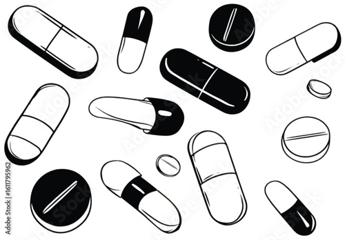 Black and White Pill and Capsule Illustration Medicine and Healthcare Concept for Pharmaceutical Industry and Wellness
