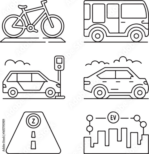 Clean Transportation & E-Mobility Icons Pack Electric Bus, E-Bike Charging, Green Highway, EV Network, Ride Share, and Zero Emission Travel Vector Set