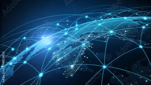 Global Network Connections Illustrating Data Transfer and Communication Across the World with Abstract Glowing Lines and Nodes.