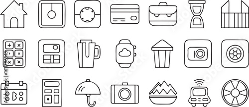 Isolated black finance and expenses icons, rent payment, household bills, food cost, transport fare, water and electricity utility icons, loan repayment, subscription service, monthly costs