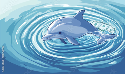Playful dolphin swims through swirling water, bringing financial prosperity and good luck