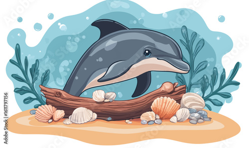 Charming dolphin swims in clear ocean water surrounded by shells and seaweed on sandy shore