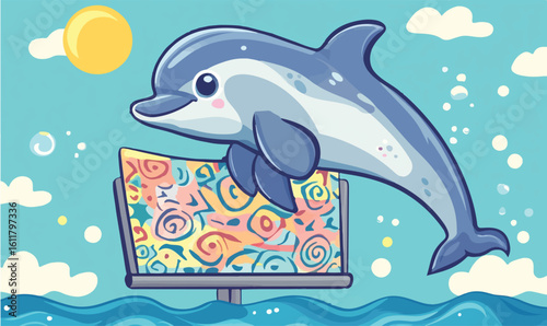 Joyful cartoon dolphin leaping near a colorful surfboard under a sunny sky