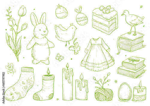 Collection of charming hand drawn vintage style easter elements and spring time decorations including bunny flowers candles and gifts