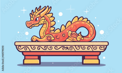 Vibrant cartoon dragon resting majestically on ornate pedestal, symbolizing power and good fortune