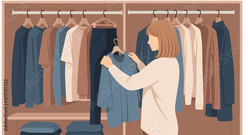 Woman selecting a blue shirt from a closet filled with various clothes.