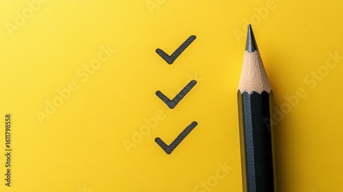 Black Pencil and Three Check Marks on Yellow Background 
