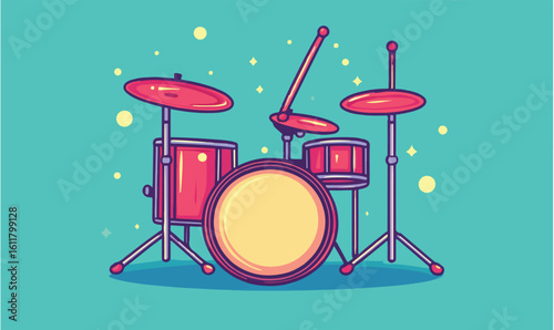 Vibrant drum kit with stylized cymbals and sticks, ready for energetic music creation and performance