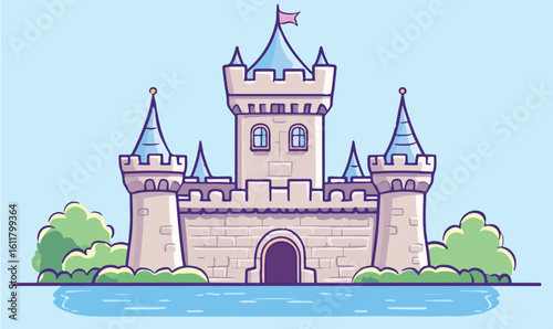 Enchanting fairytale castle with towers and flags stands majestically by serene blue water
