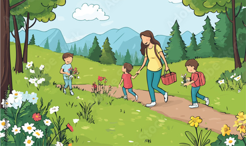 Happy family enjoys a scenic nature walk, collecting flowers and carrying a picnic basket