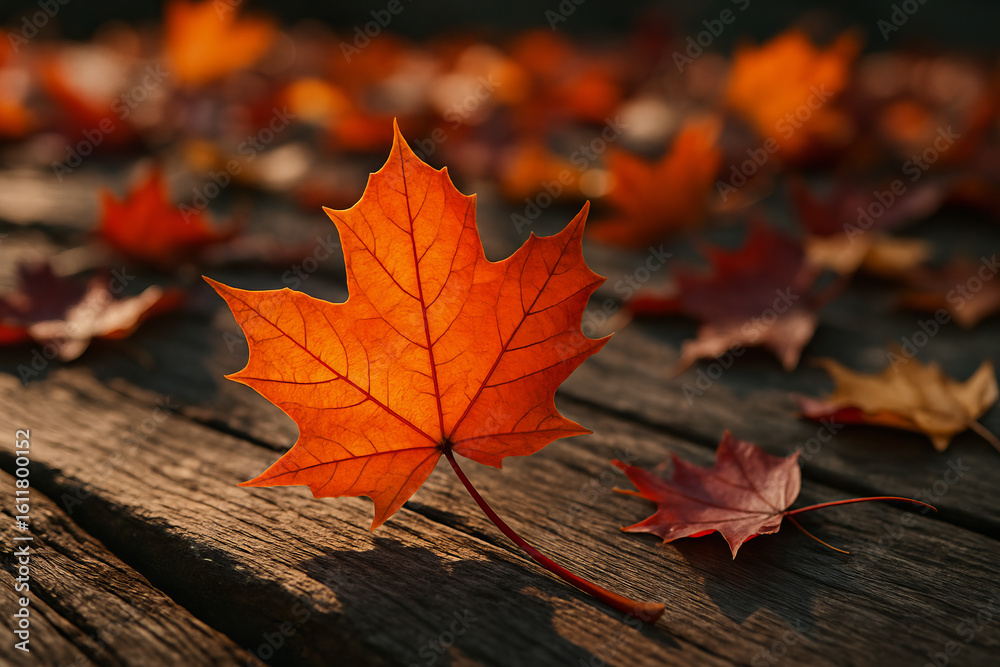 Obraz premium Vibrant orange maple leaf with detailed veins resting on weathered wooden deck planks