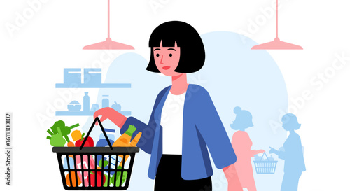 Woman with Bob Hairstyle Holding a Basket Full of Colorful Groceries in a Supermarket.