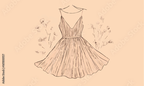 Elegant sketch of a flowing dress with delicate floral accents on a soft peach background