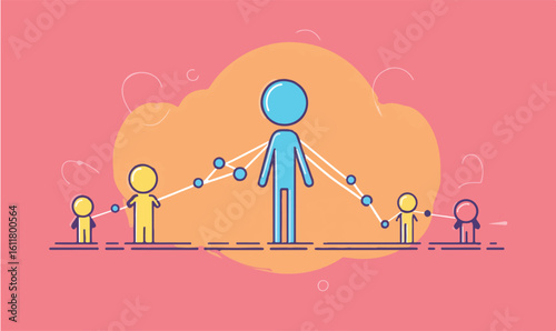 Diverse team connected by central leader visualizing growth metrics in modern business