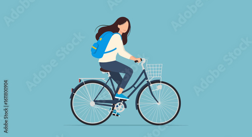 Woman with flowing hair riding a blue bicycle with a front basket and a blue backpack.