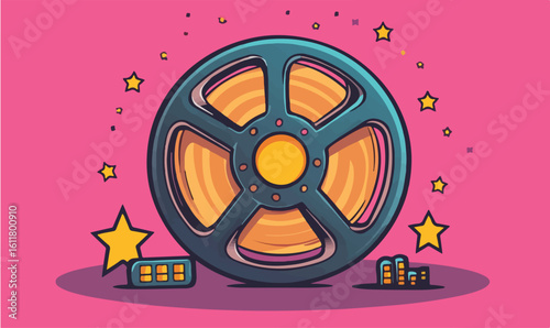 Retro film reel pops with stars and cityscape, a vibrant celebration of cinema and creativity