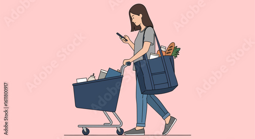 Woman with groceries checking her phone while pushing a shopping cart.