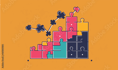 Dynamic puzzle pieces forming upward trend graph with scattered pieces symbolizing progress and strategy