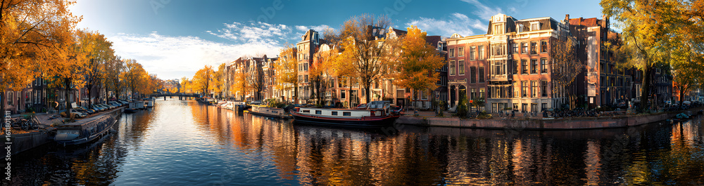 Fototapeta premium Panoramic autumn view of Amsterdam city. Famous Dutch channels and great cityscape. Colorful morning scene of Netherlands, Europe. Traveling concept background.