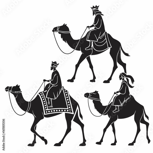 Three wise men riding camels silhouette isolated on white background