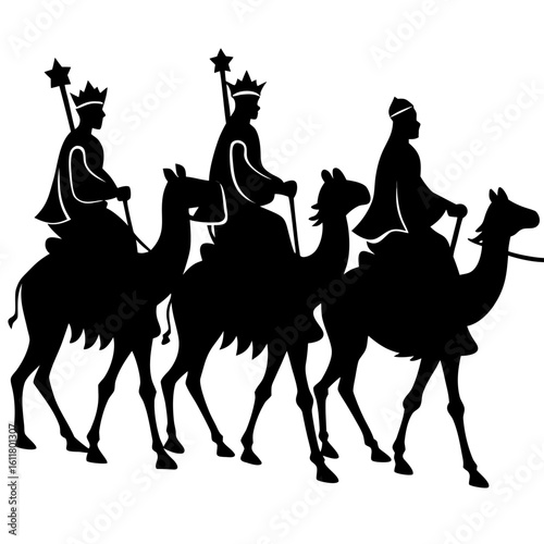 Three wise men riding camels silhouette isolated on white background