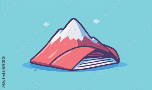 Majestic snow-capped mountain emerges from open book pages, symbolizing knowledge and adventure