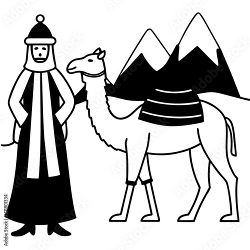Man in traditional clothing with camel and mountains silhouette isolated on white background