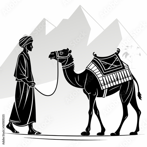 Man leading a camel in the desert with pyramids silhouette isolated on white background
