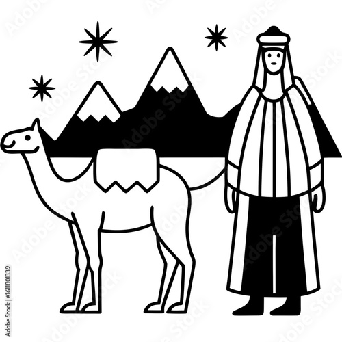 Man and camel silhouette with mountains and stars isolated on white background