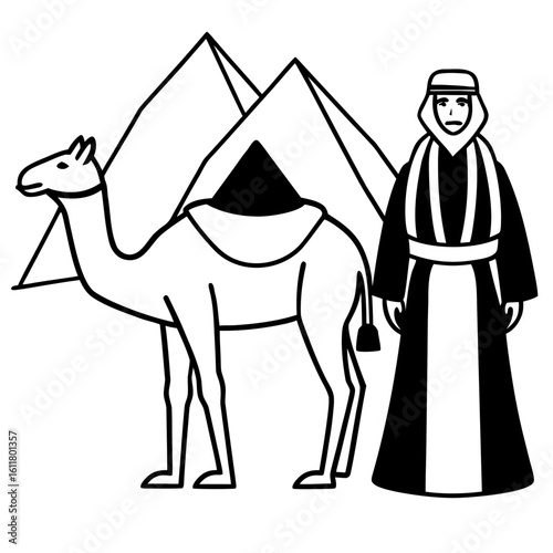 Egyptian man and camel silhouette with pyramids isolated on white background