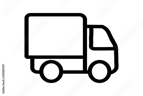The image is a black and white line-art icon of a delivery truck. The truck has two wheels and a large cargo area at the back, with a simple and clean outline style