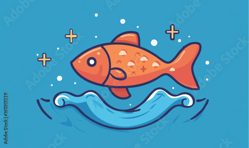 Playful orange fish swimming through blue water with bubbles and plus signs floating