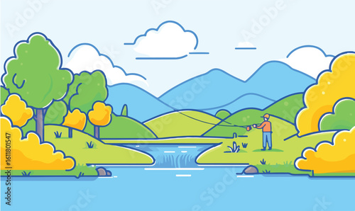 Man enjoys peaceful fly fishing by a scenic waterfall surrounded by lush green hills and mountains