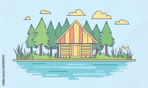 Cozy wooden cabin nestled among pine trees beside a tranquil lake on a bright day