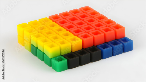 Colorful square blocks arranged in a grid pattern.  The blocks are different colors, and are stacked in a  geometric formation