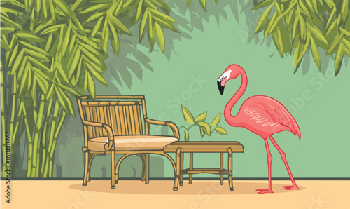 Relaxing tropical patio scene with a pink flamingo and bamboo furniture offers serene island escape vibes.