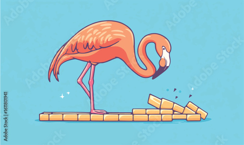 Whimsical flamingo carefully builds a quirky brick wall against a bright blue sky background