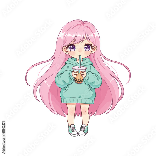 Cute Anime Girl with Pink Hair Drinking Boba Tea in a Mint Hoodie