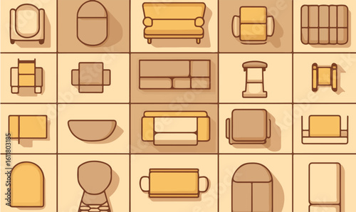 Chic furniture collection in warm tones, modern design, creating cozy interior vibes