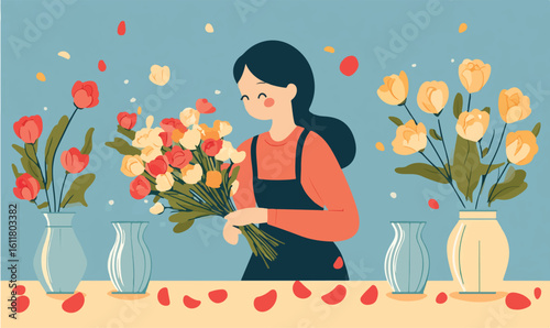 Joyful florist arranging vibrant bouquet, surrounded by beautiful flowers and petals in a serene workspace