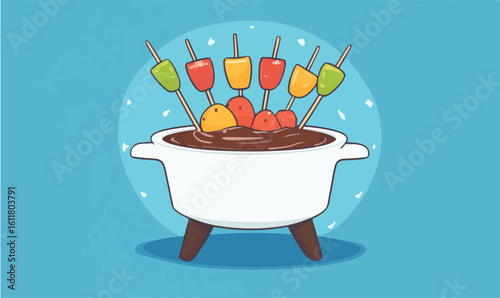 Sweet chocolate fondue with colorful fruit skewers and marshmallows, perfect for dessert or party celebrations.