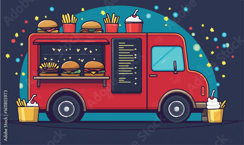 Vibrant red food truck serving delicious burgers and fries under a starry night sky