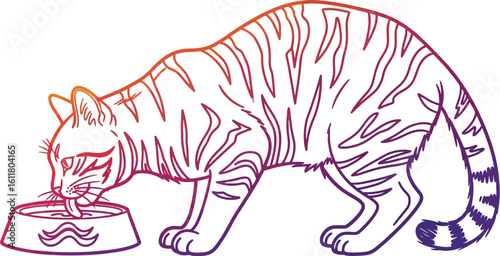 Graceful cat drinks from bowl in vibrant gradient line art style